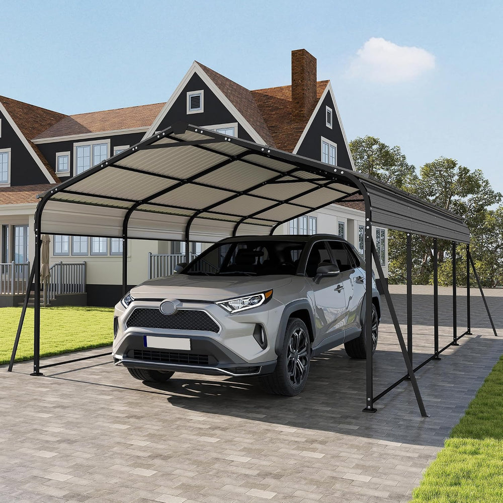 12x20 FT Updated Galvanized Steel Roof Metal Carport, Gray