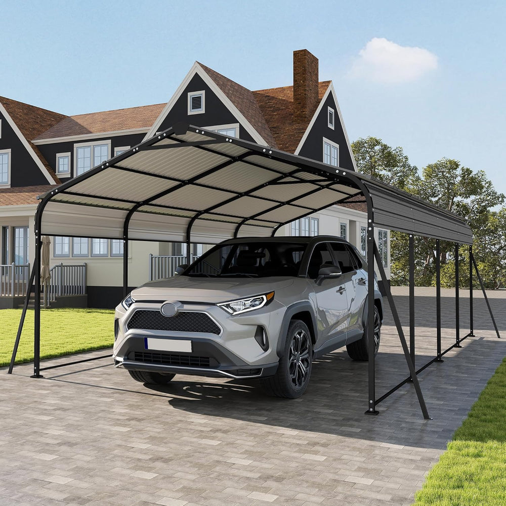 12x20 FT Updated Galvanized Steel Roof Metal Carport, Gray