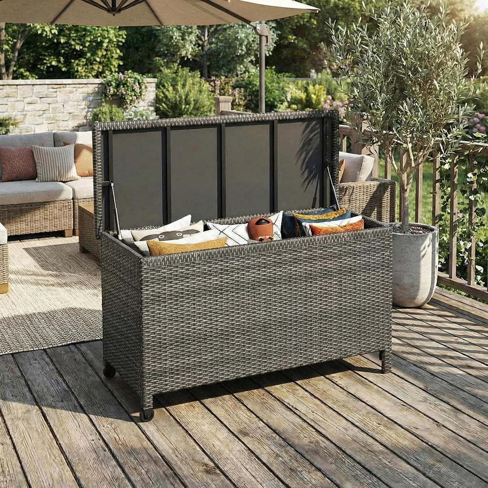 Wicker Deck Box, 185 Gallon All-Weather Outdoor Storage Box - Grey