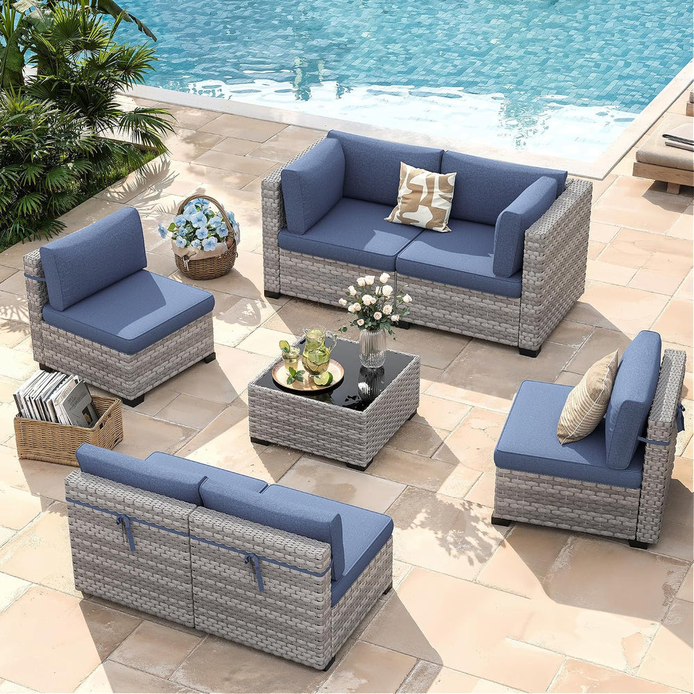 6-Seat Modular Patio Furniture Set – Outdoor Wicker Sectional Sofa with Thick...