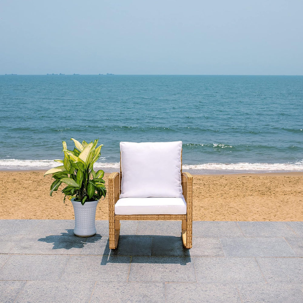 SAFAVIEH Outdoor Daire Wicker Rocking Chair, 14.4" Natural/White PAT7721D