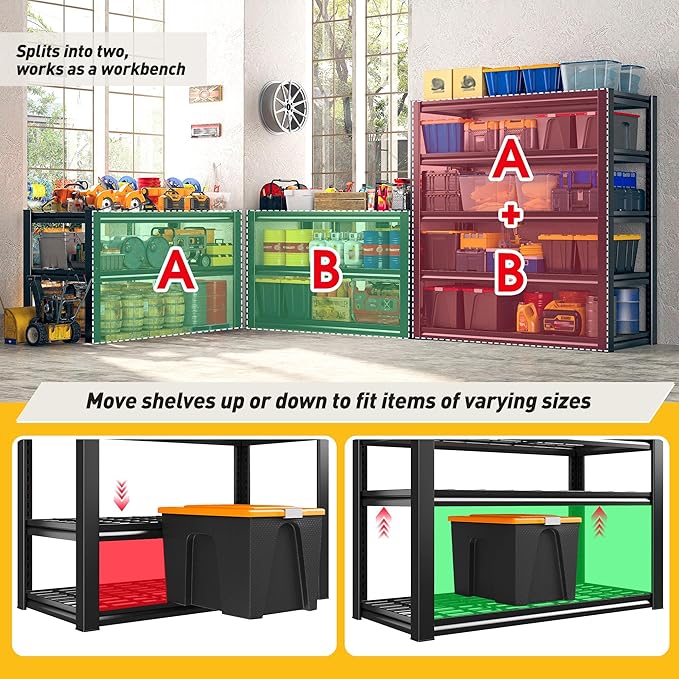 REIBII Garage Shelving 3200LBS, 5-Tier Storage Shelves, Adjustable Industrial...