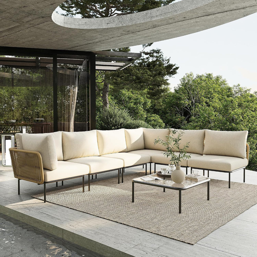 7 Piece Modern Outdoor Rope Wicker Sectional Set, Patio L-Shaped Conversation...