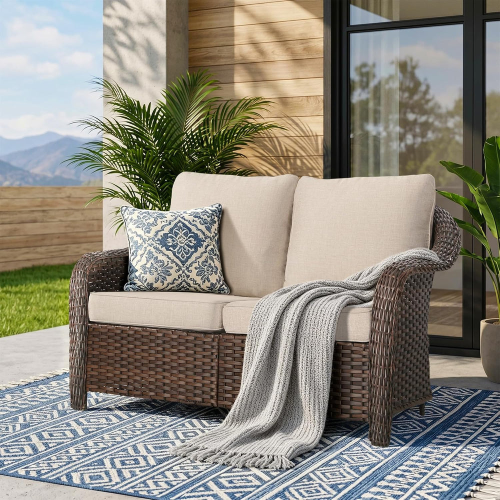 55 inch Outdoor Wicker 2 Seater Sofa, All-Weather Use Patio Rattan Loveseat w...
