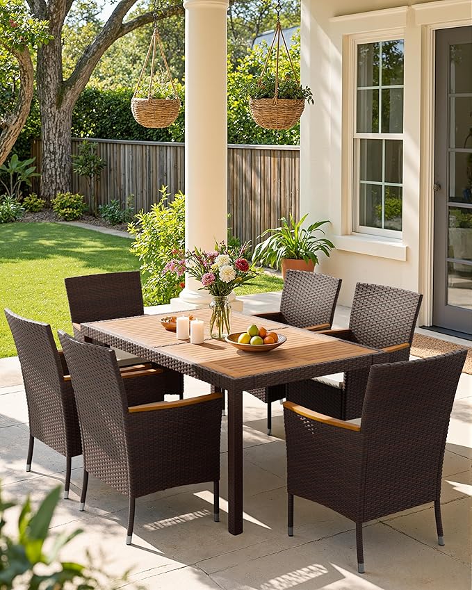 Flamaker 7 Piece Patio Dining Set Outdoor Acacia Wood Table and Chairs with S...