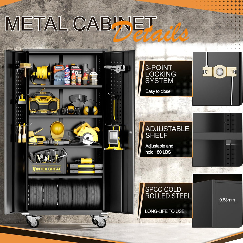 Garage Storage Cabinet with Wheels, 72" H Metal Cabinet with 2 Locking D...