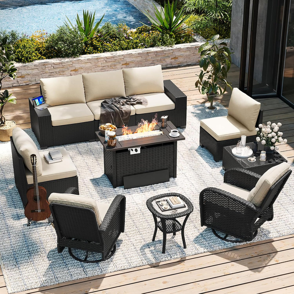 Aoxun 10-Piece Widen Armrests Patio Furniture Set with 44" Fire Pit Table