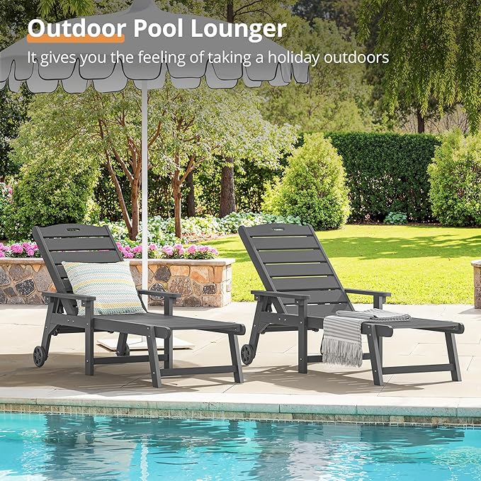 LUE BONA Outdoor Chaise Lounge Chairs Set of 2, HDPS Chaise Lounger, 5 Positi...