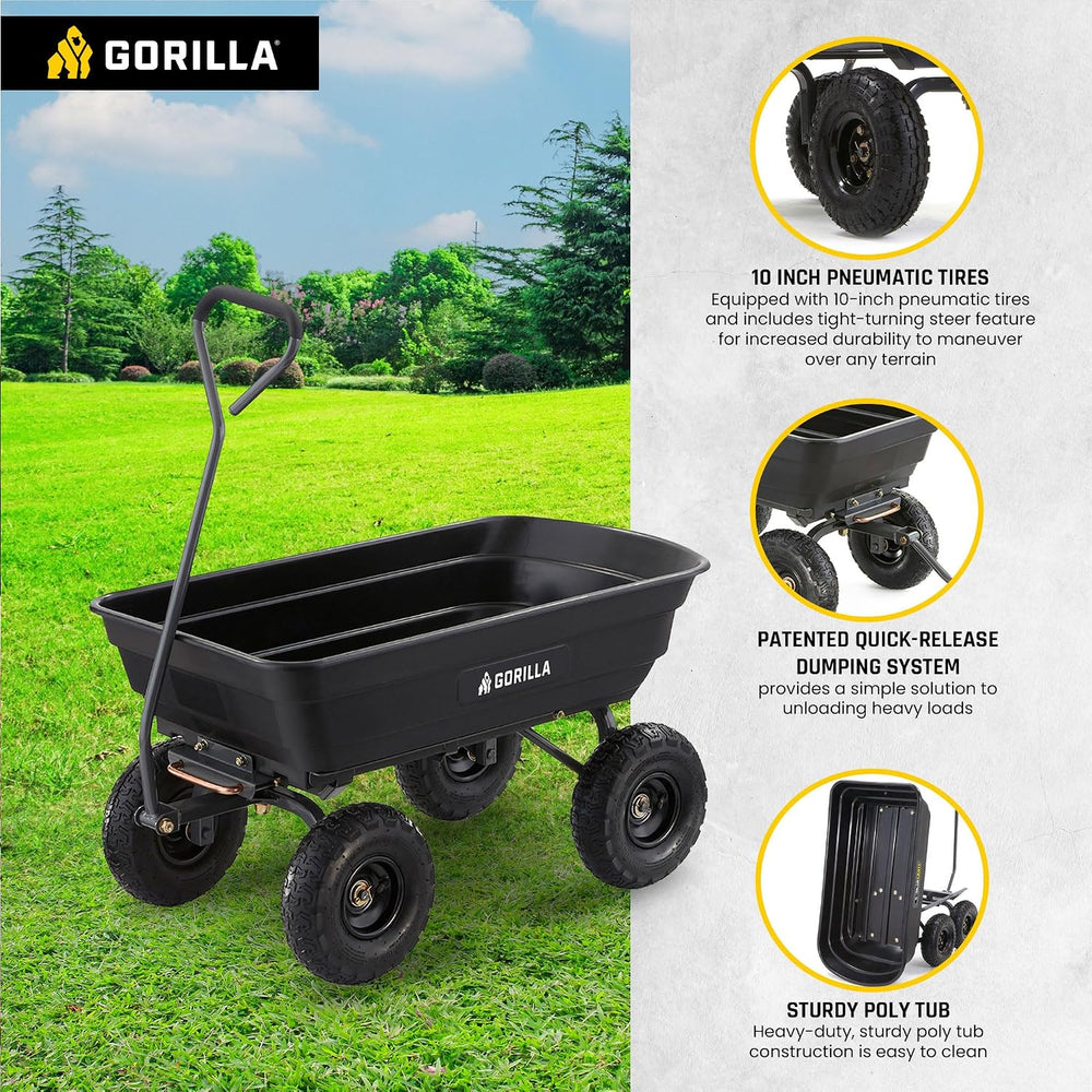 Gorilla Carts Poly Dump Cart, 600 lb. Capacity, 4 Cu ft, Quick Release Dump