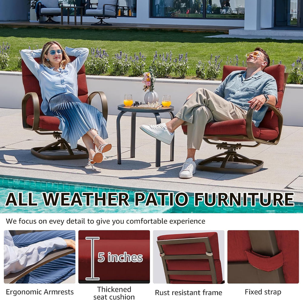 3 Piece High Back Patio Bistro Set, Outdoor Swivel Rocker Chair, Burgundy