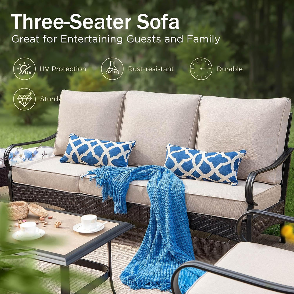 PHI VILLA Rattan Outdoor Sectional Sofa Set, Durable Steel Frame, 3 Seats