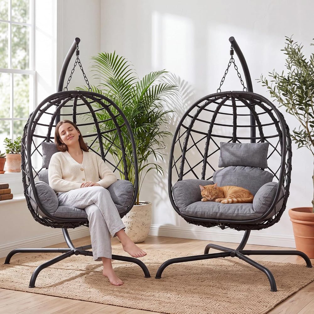 Hanging Egg Chair with Stand Patio Wicker Rattan Swing Chair Hammock Egg Chai...