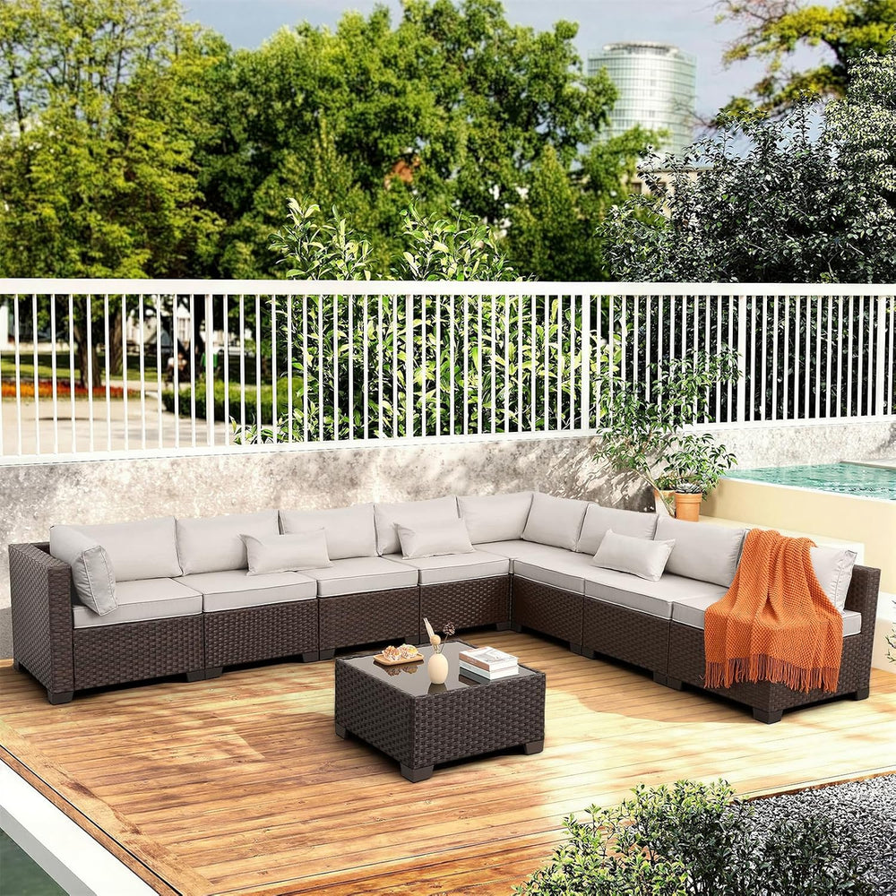 Rattaner 9 Pieces Outdoor Sectional All-Weather HDPE Brown Wicker Patio Furni...