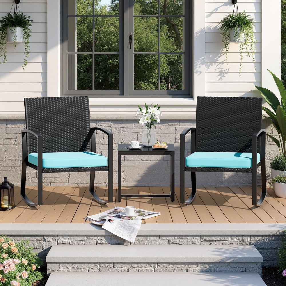 3 Pieces Outdoor Patio Set -Wicker Rattan Chair Conversation Set with Glass T...