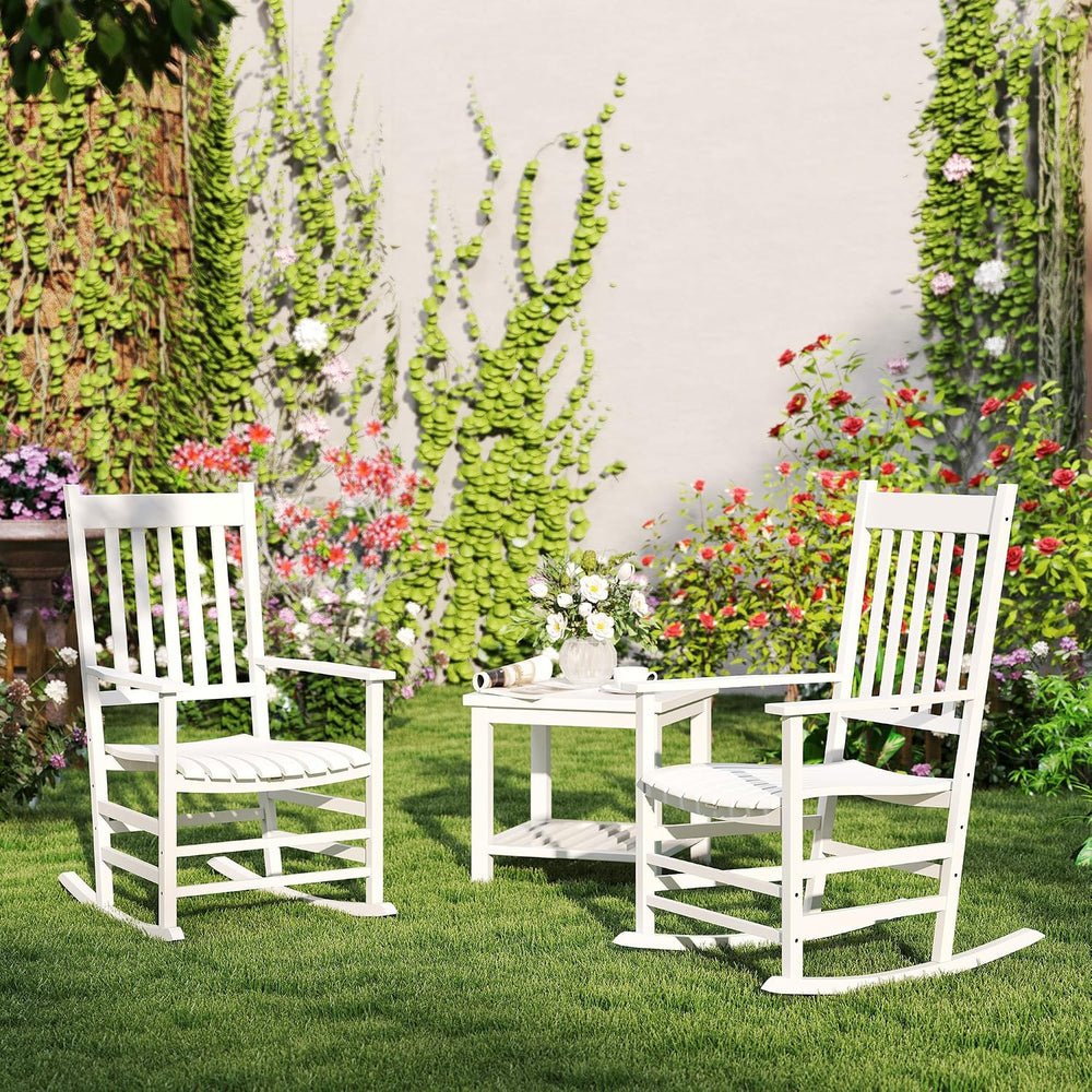 Outsunny Outdoor Rocking Chair Set of 2 High Density Wooden Rockers White