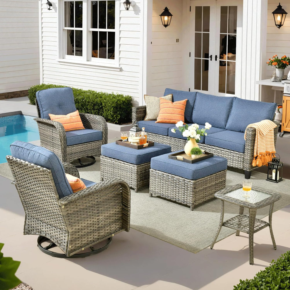 ovios 6 Pieces Patio Furniture Set, Outdoor Wicker Sofa Couch with Swivel Gli...
