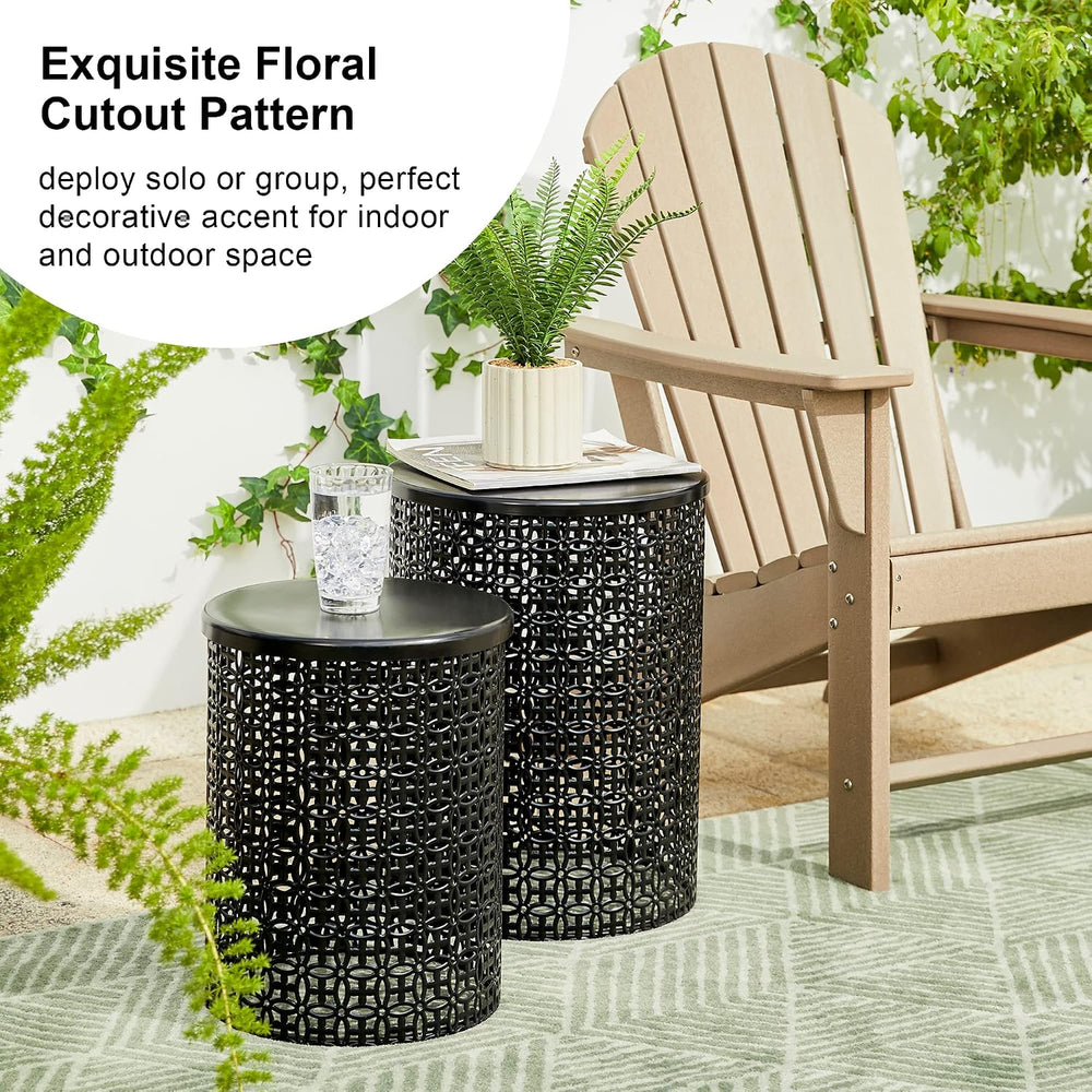 Glitzhome Outdoor Side Table Set of 2, Decorative Garden Stool for Patio Heav...