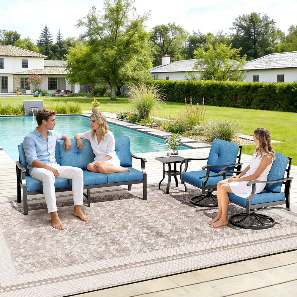 4-Piece Metal Patio Conversation Set with Rocking Swivel Seats, Blue