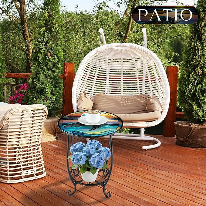 Outdoor Side Table Round Small Mosaic Patio Accent Indoor End Plant Coffee Te...