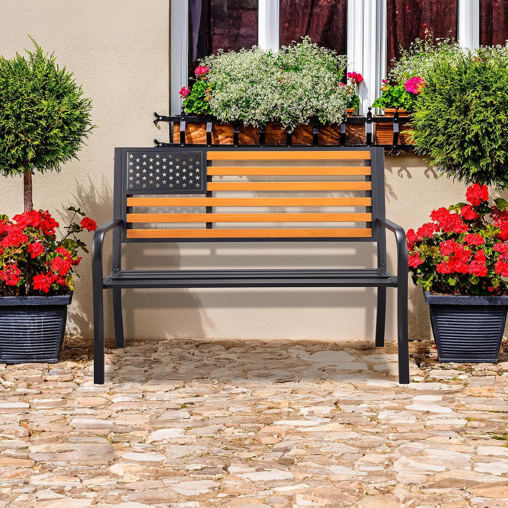 VINGLI Outdoor Metal Bench, 50in Weatherproof Garden Bench w/American Flag St...