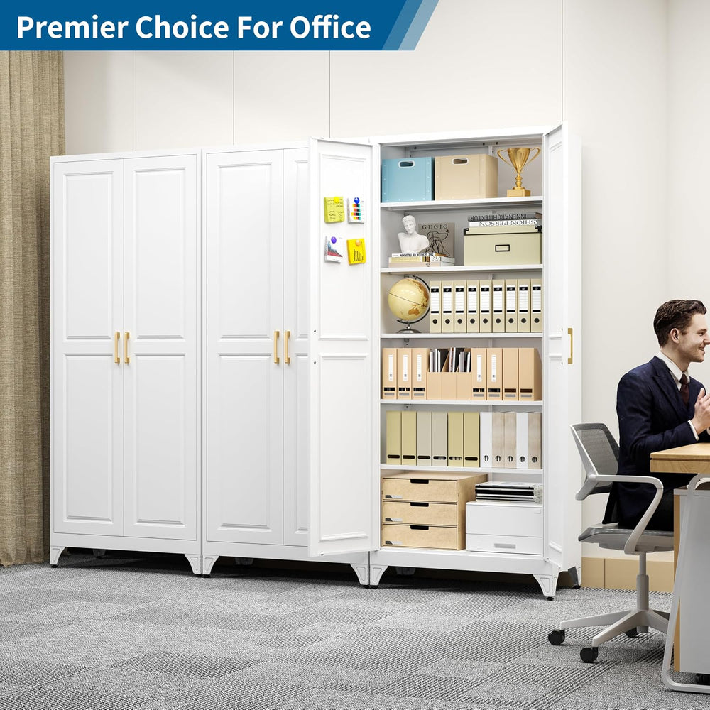 75" White Metal Storage Cabinet with Doors, Heavy Duty