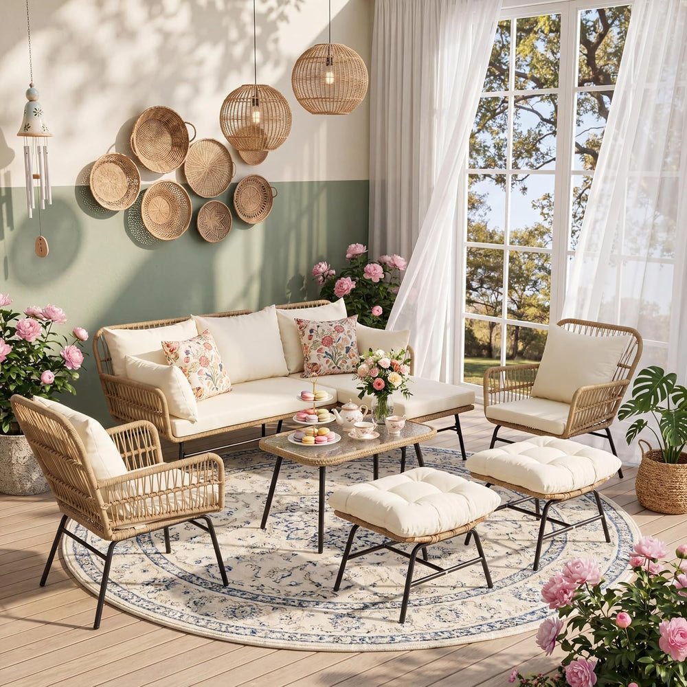 RADIATA 7 Pcs Boho Outdoor Furniture, L Shaped Sectional and 2 Ottomans