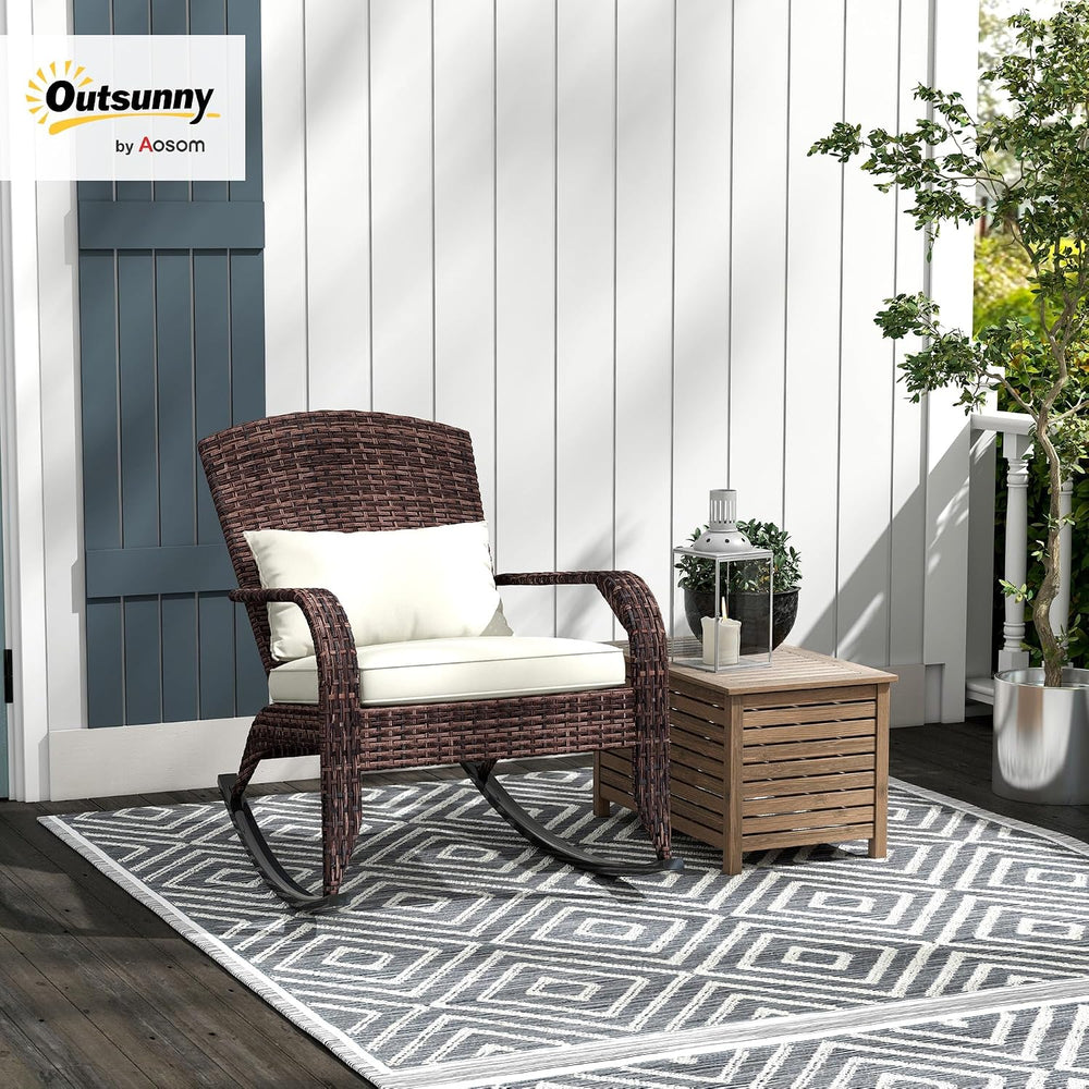 Outsunny Outdoor Wicker Adirondack Rocking Chair, Cream White & Mixed Brown