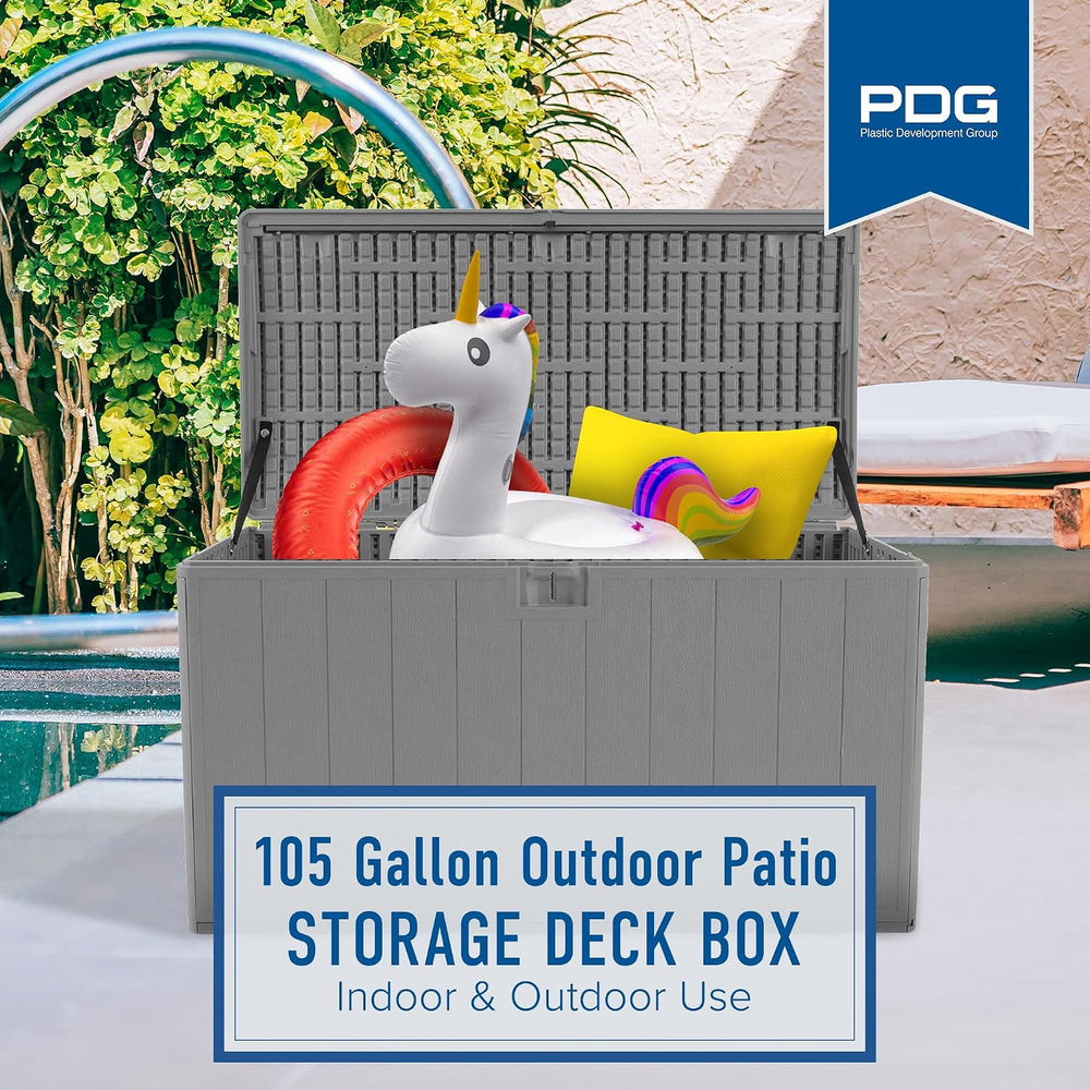 Plastic Development Group Outdoor Deck Box, Soft Close, Gray, 105 Gal