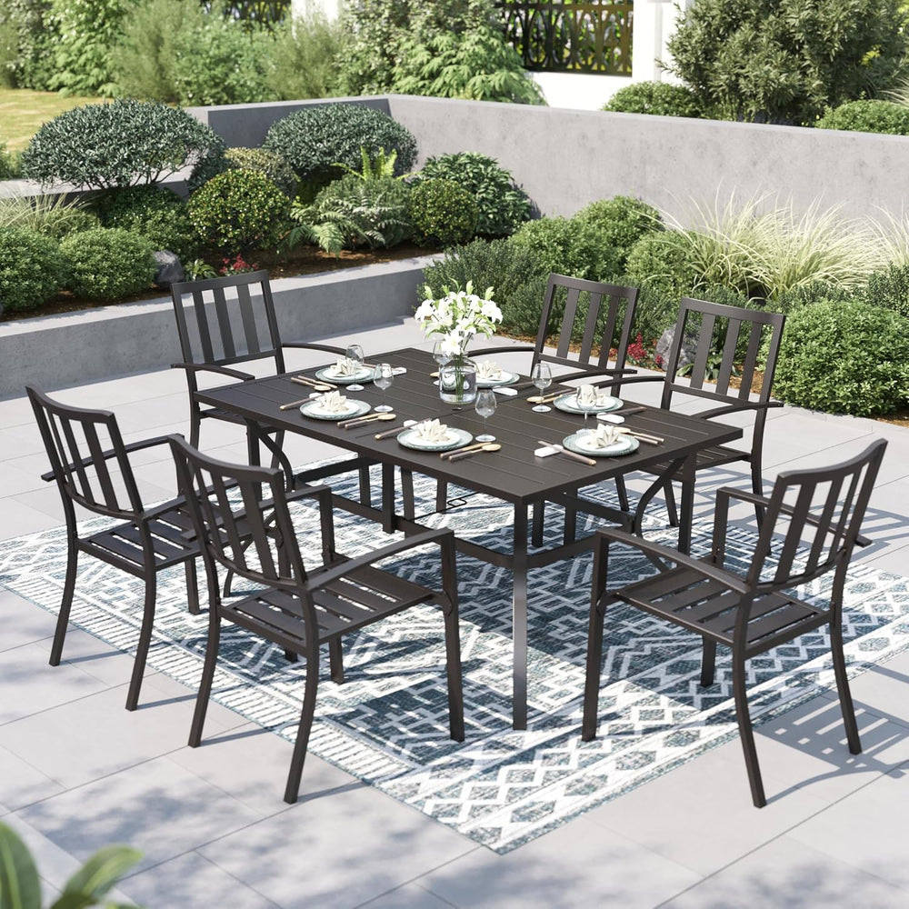 PHI VILLA 7 Pcs Outdoor Dining Set for 6, 60” Rectangular Metal Table