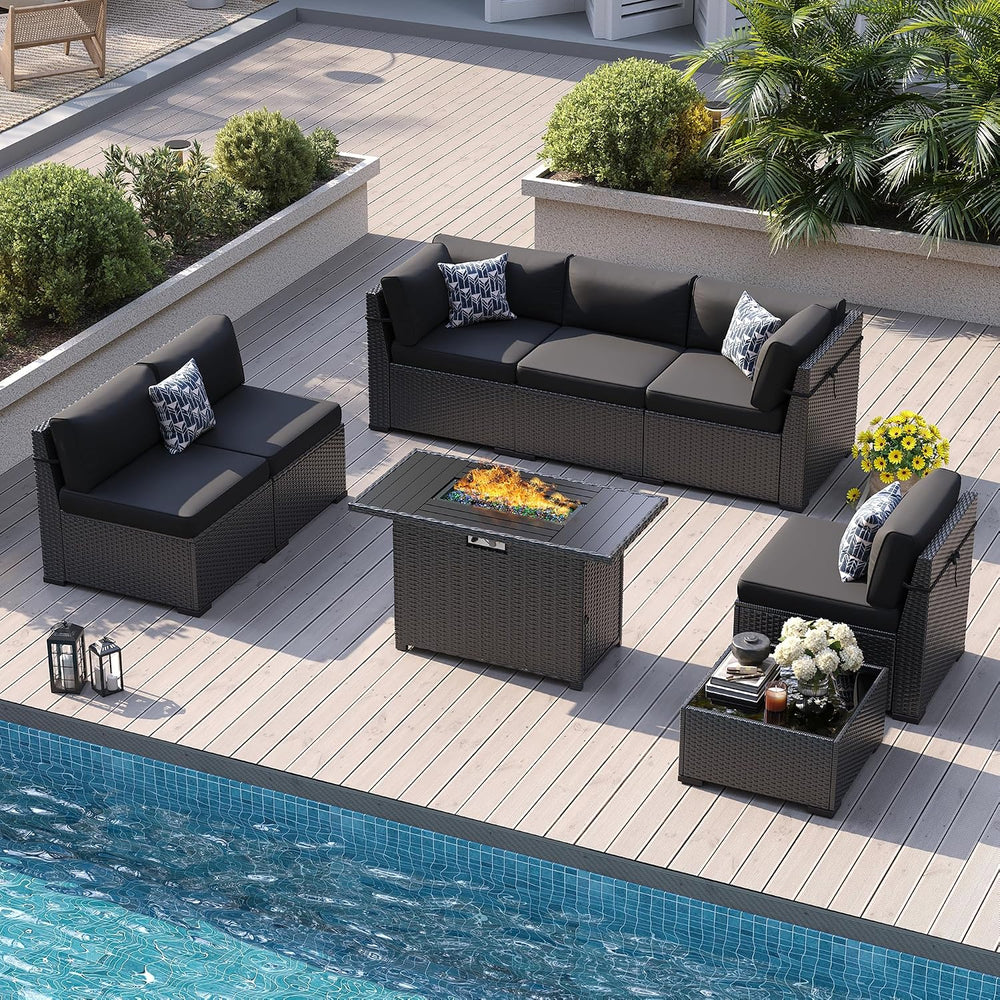8 Piece Patio Furniture Set with 44” Fire Pit Table with Thickened Cushions