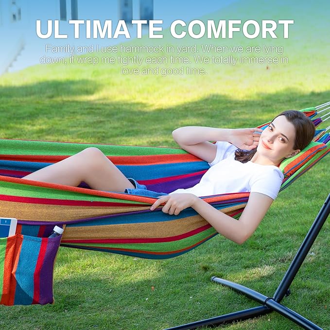 PNAEUT Double Hammocks with Stand for Outside, Portable Space Saving Heavy-Du...