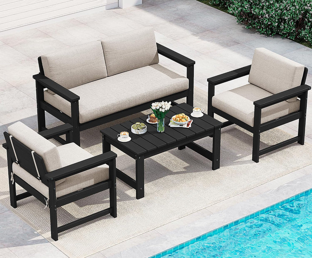 SERWALL 4 Pieces HDPE Outdoor Conversation Sofa Set with Cushions