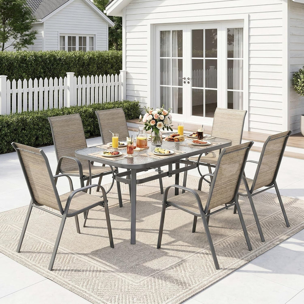 MAMIZO 7 Pieces Patio Dining Set for 6, Glass Table and Textilene Chairs