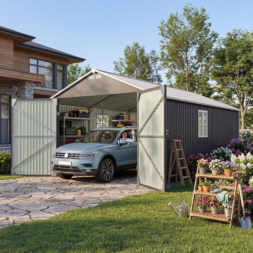 Greesum 12x20FT Heavy Duty Metal Garage with Side Door, Black
