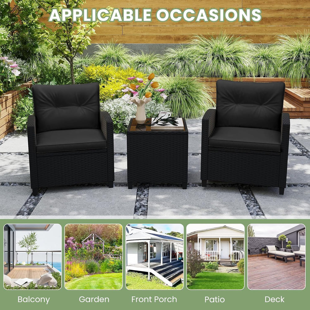 ORALNER 3 Pieces Patio Furniture Set, Black Wicker Bistro Set (Black)