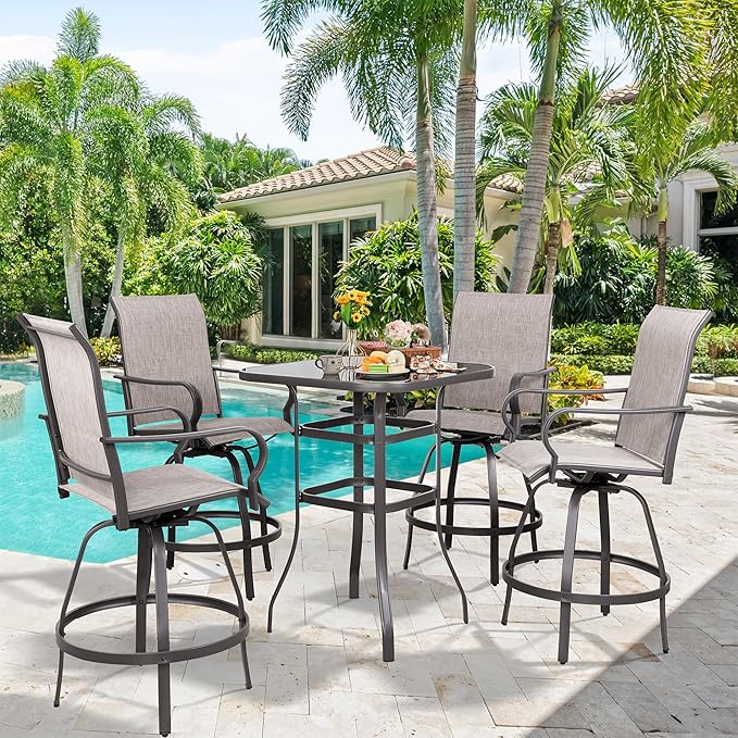 Vongrasig 5 Piece Patio Swivel Bar Set, All Weather Mental Textilene High Swi...