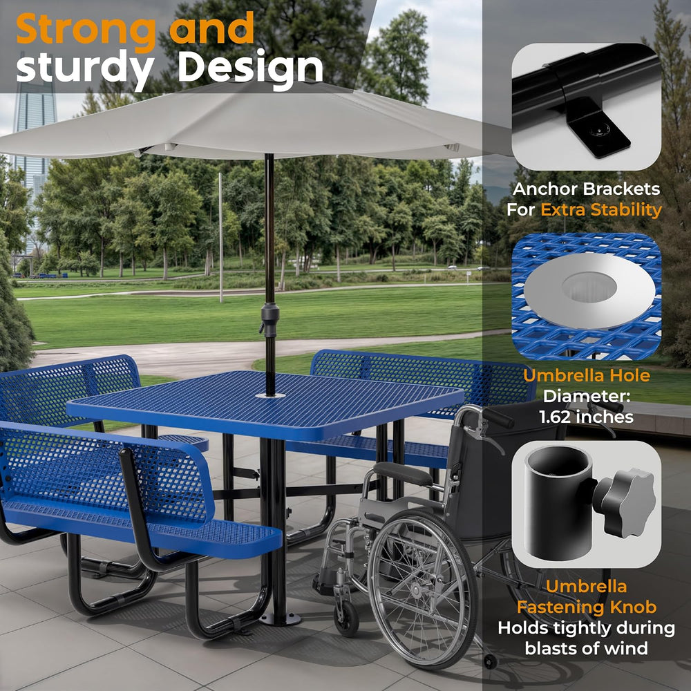 Metal Picnic Table (Blue, 46 in Square with Back, Expanded Steel)