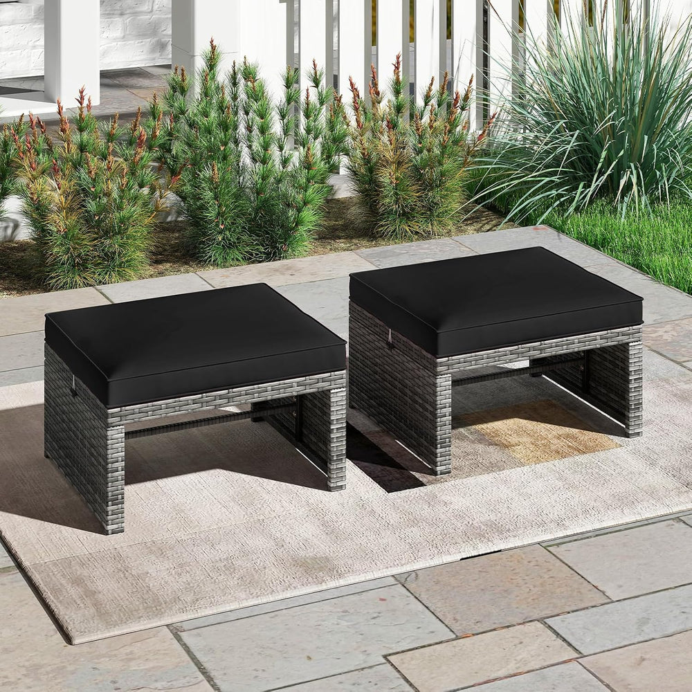 Tangkula 2 Pieces Patio PE Rattan Ottomans, Multipurpose Outdoor Footstool Fo...