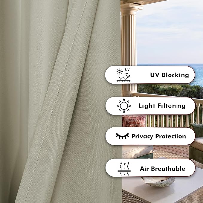 BONZER Waterproof Outdoor Curtains for Patio Porch Pergola Cabana Thick Priva...