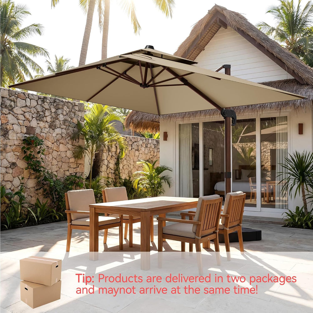 10x13' Wood Pattern Cantilever Patio Umbrella with Base, Beige
