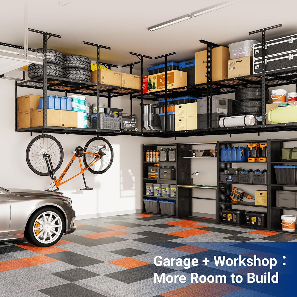 FLEXIMOUNTS 4x8 2-Tier Overhead Ceiling Garage Storage Rack, Black