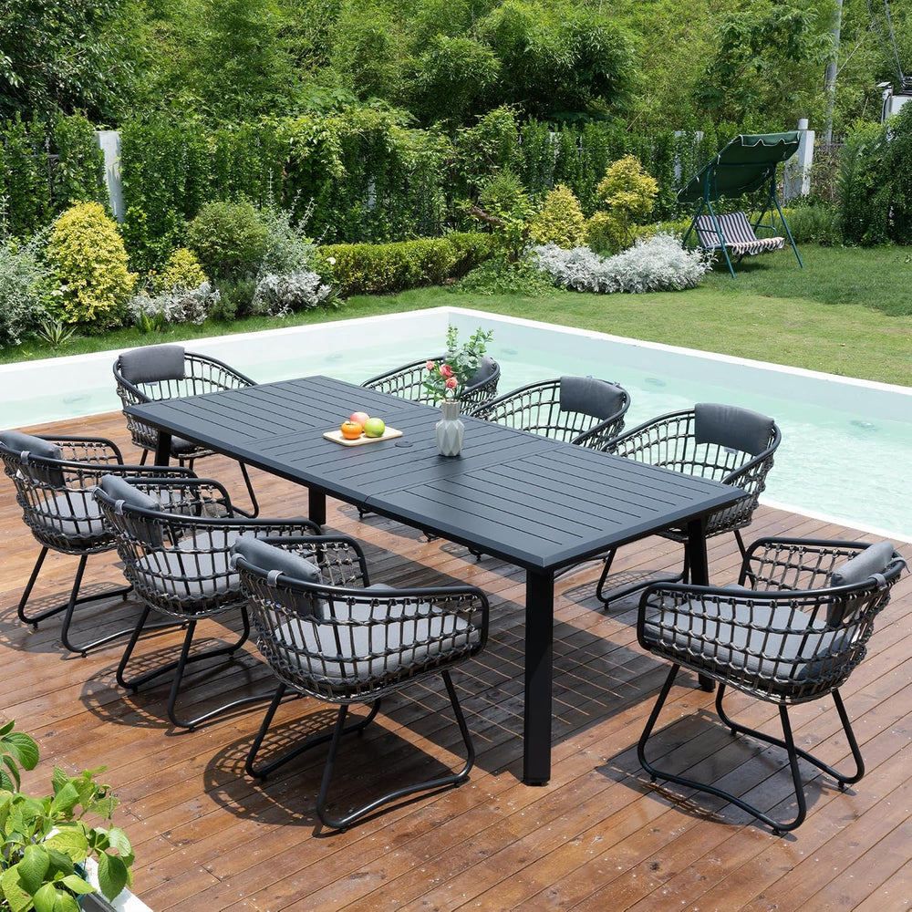 Pellebant 9 Piece Outdoor Dining Set for 8, Aluminum Table & Wicker Chairs