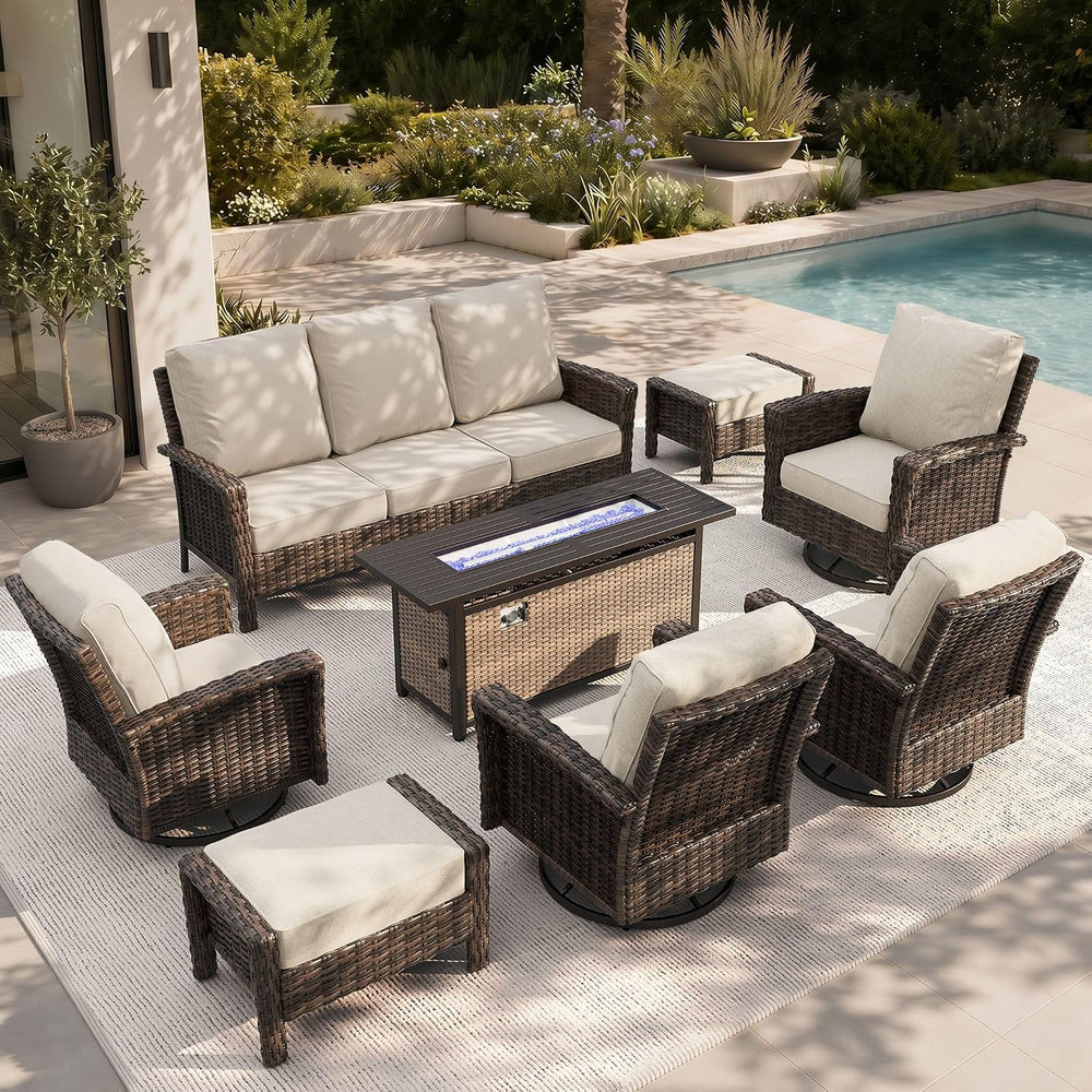 HERA'S HOUSE 8-Piece Patio Furniture Set with Fire Pit, Beige