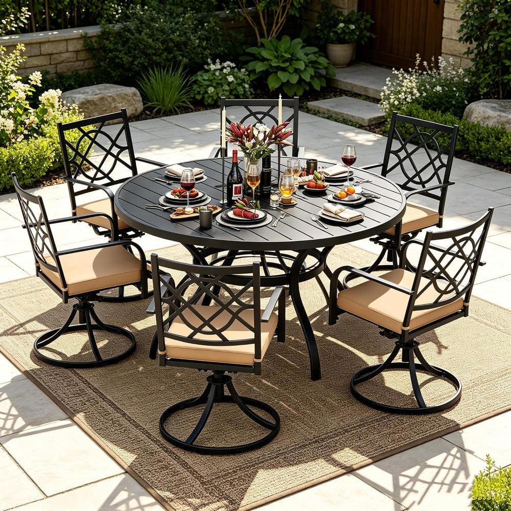 7-Piece Outdoor Dining Set Metal Swivel Cushioned Chairs Patio Furniture Sets...