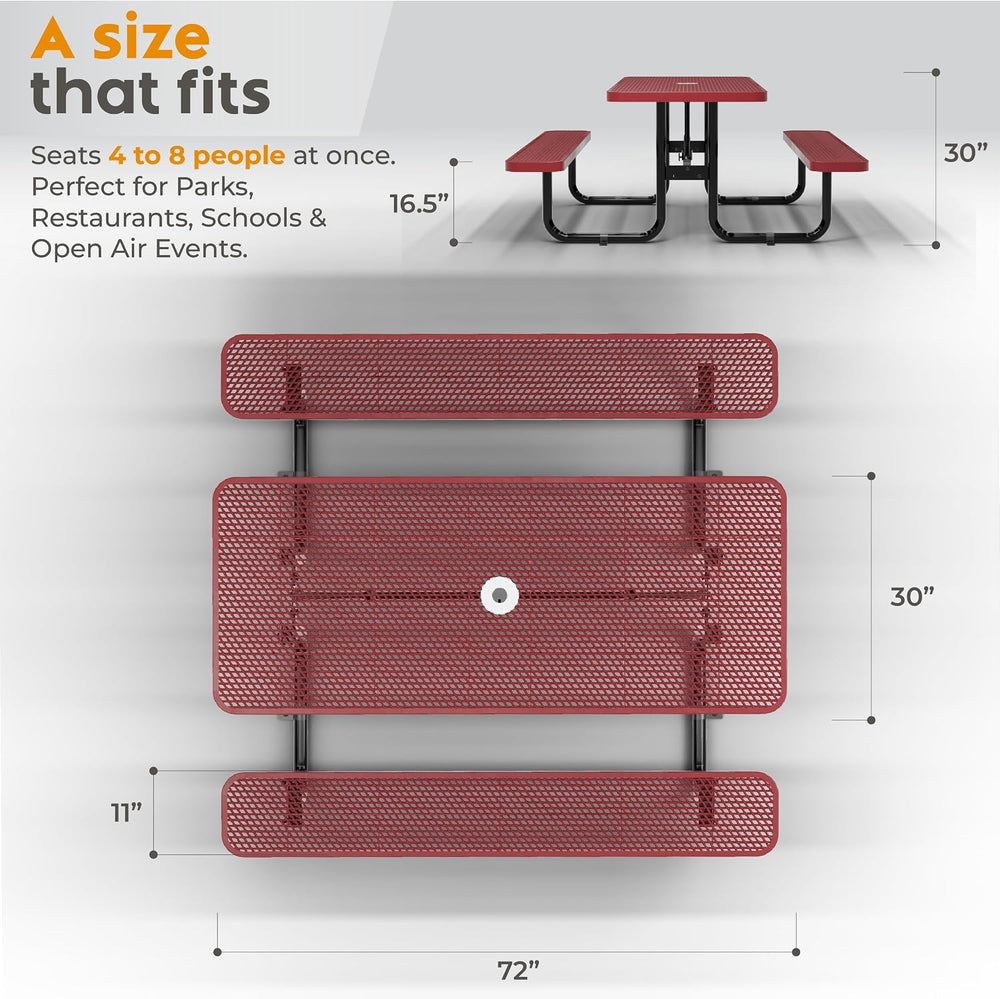 Commercial Metal Picnic Table (Red, 6' Rectangular)