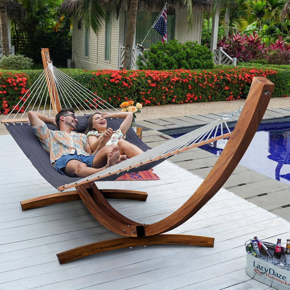 Lazy Daze Double Quilted Hammock with 13 ft Curved Steel Wood Grain Stand