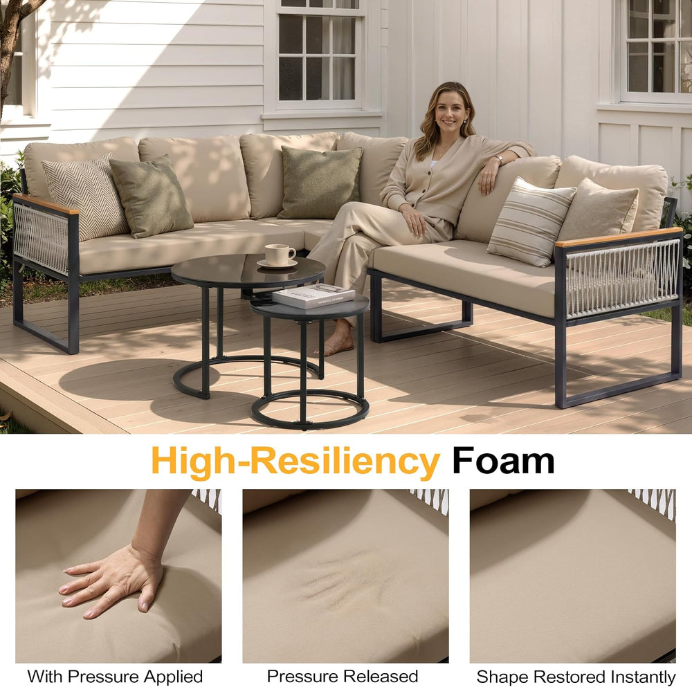 7 Piece L-Shaped Outdoor Sectional Wicker Sofa with Nesting Coffee Table