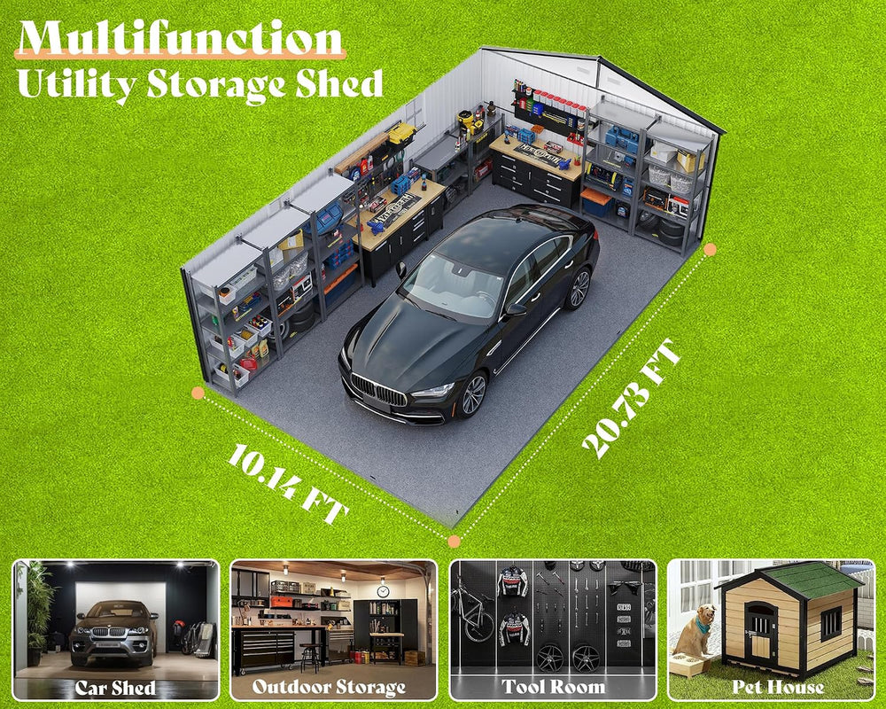 AMERLIFE 10x21x7.3 FT Metal Garage Shed with Double Hinged Doors, 4 Windows