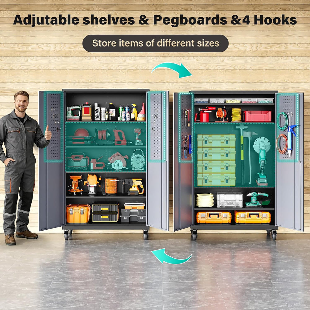 Wide & Deep Metal Storage Cabinet with Wheels,Tall Rolling Garage Storage...