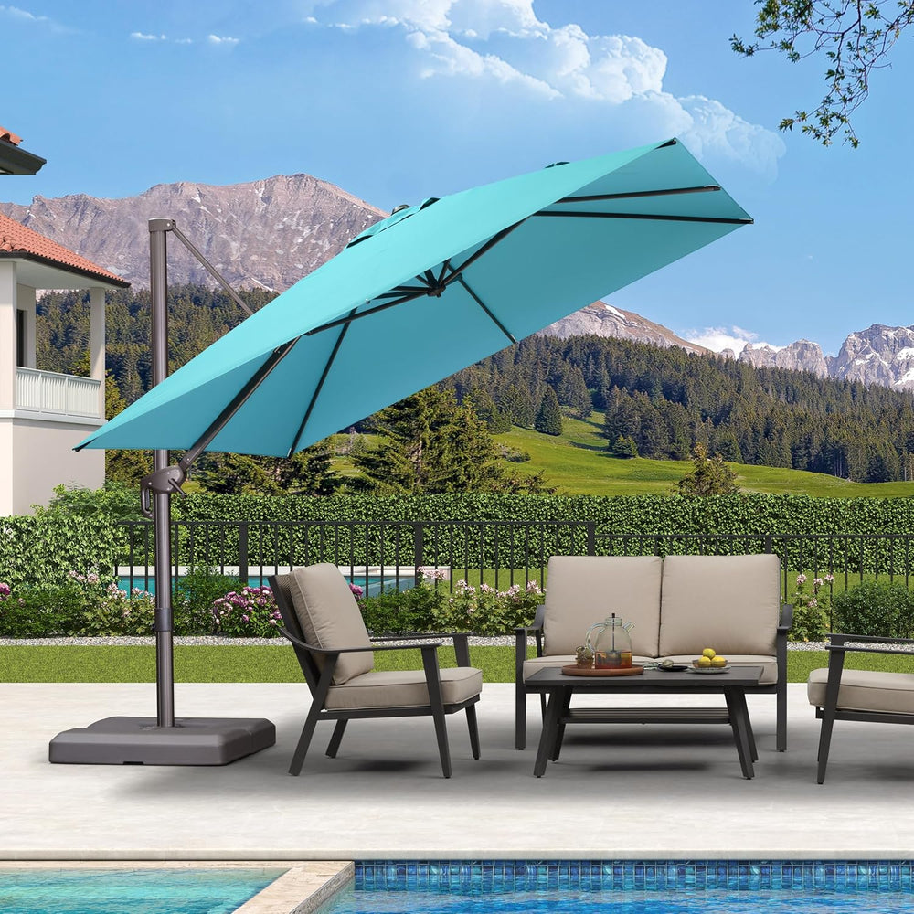 PURPLE LEAF Cantilever Umbrella 10' X 10' Bronze 5 Level Tilt, Turquoise